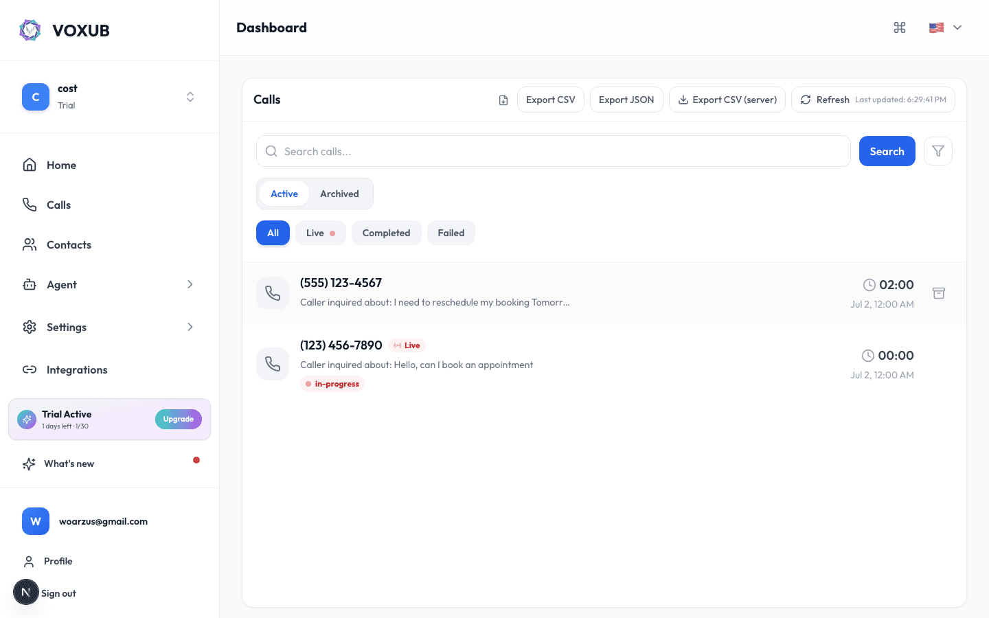 VOXUB calls list showing answered and missed calls